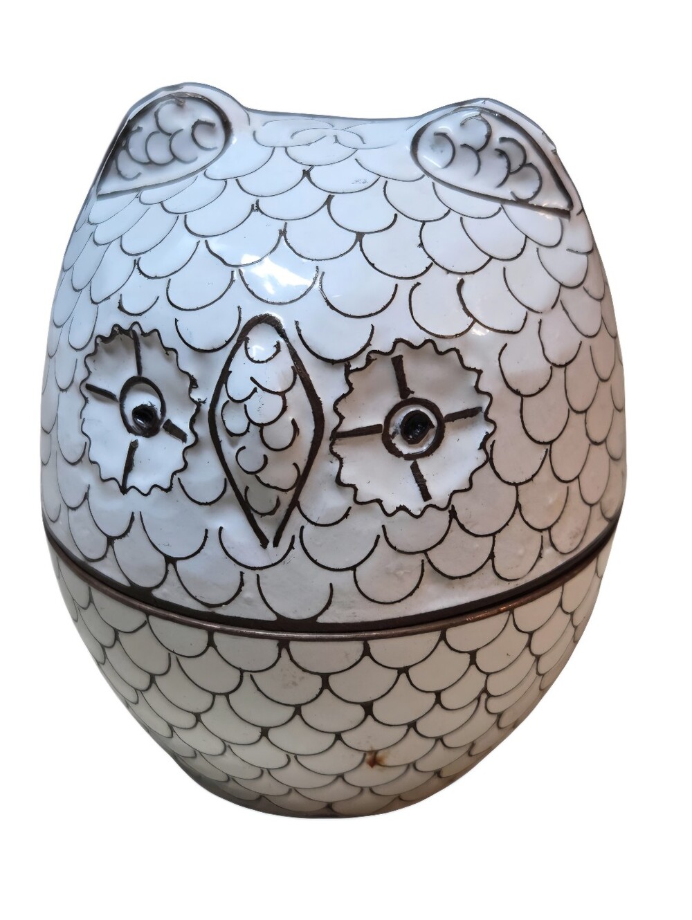 Pottery Barn White Owl Decorative Trinket Box Blue Enamel Interior Metal Cloison